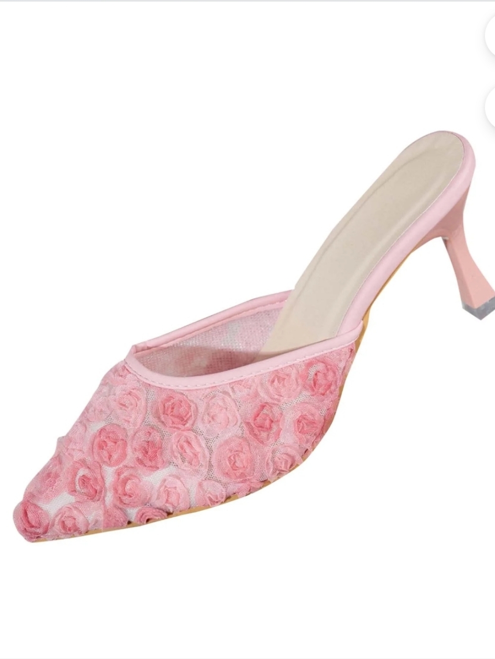 Pink Floral Mesh Pointed Toe Mules With Low Kitten Heel, NWB. - Picture 4 of 13